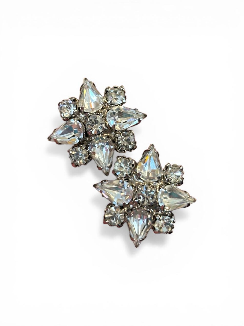 Signed Weiss Rhinestone Earrings Clear Crystal Starburst Clip On Vintage 1950s